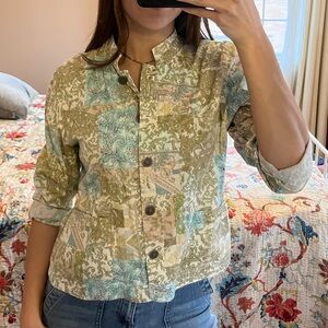 Christopher & Banks Patchwork-Print Button Down Top in Light Green and Blue